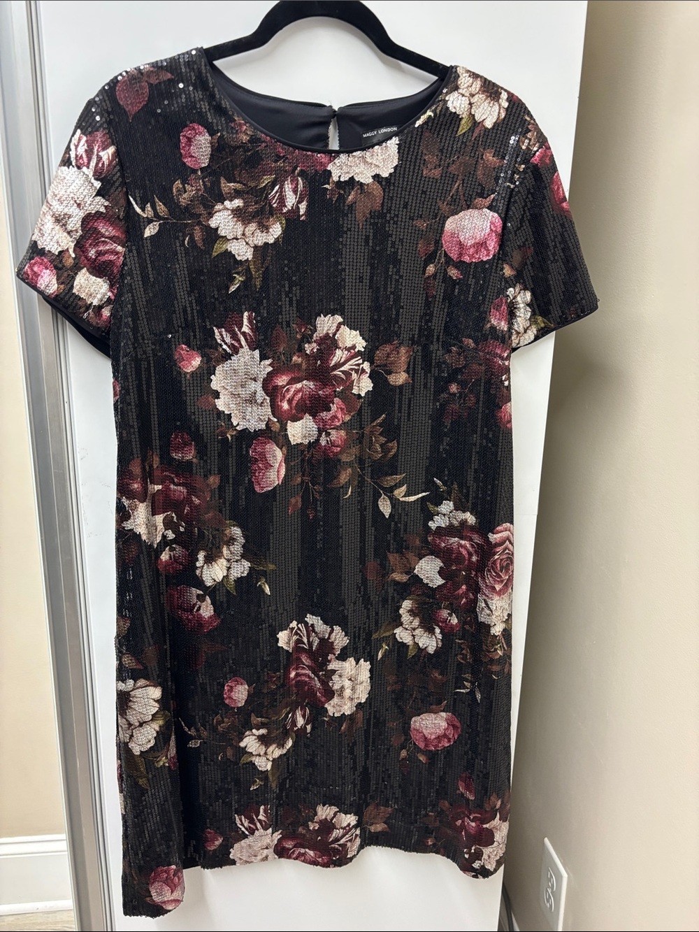 Maggy London Black Floral Sequin Shift Dress with Pink and Cream Blooms